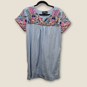 Liza Byrd Embroidered Tunic Casual Dress Striped Blue Women's Sz L Short Sleeve